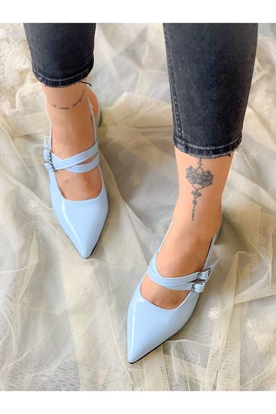 BERFONA Veroni̇ka Baby Blue Patent Leather Strappy Buckle 5 cm Heeled Sandals