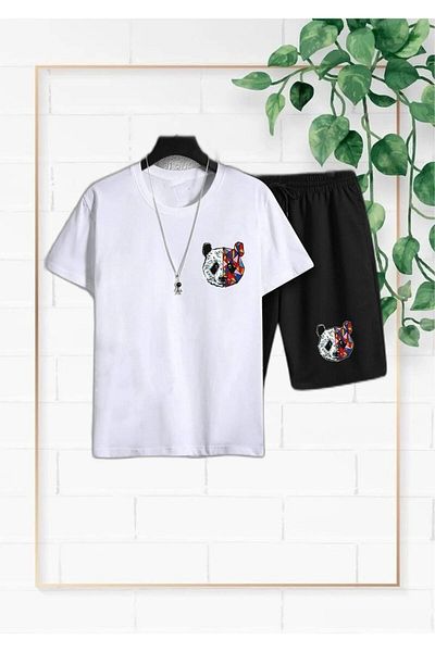 Mythologie Panda White T-Shirt Black Combed Shorts Bottom Top Set Printed Oversize Crew Neck