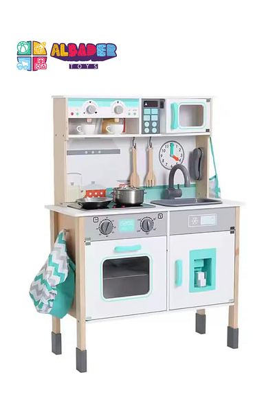 ALBADER Play Kitchen, Real Wooden Kitchen Set for Kids with Microwave, Wooden Play Kitchen