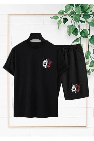Mythologie Panda Black T-shirt Black Combed Cotton Shorts - Shorts T-Shirt Bottom Top Set Printed Oversize Crew Neck