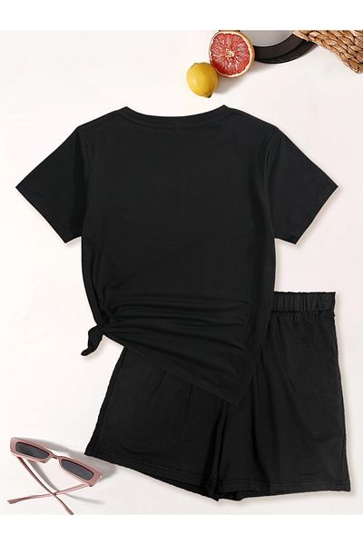 Mythologie Hearts T-Shirt Combed Cotton Shorts - Black Shorts T-Shirt Suit Printed Oversize Crew Neck