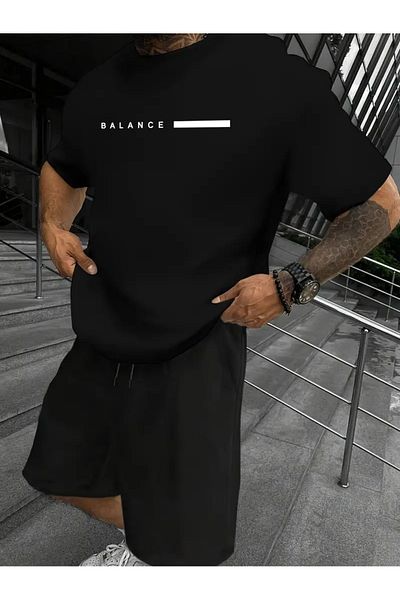Mythologie Balance Stripe T-Shirt Combed Cotton Shorts - Black Shorts T-Shirt Set Printed Oversize Crew Neck