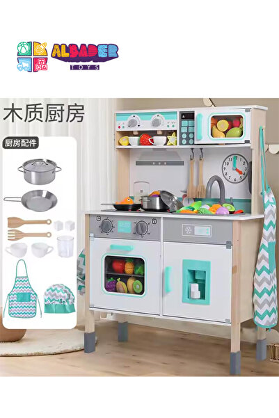 ALBADER مطبخ لعب، مجموعة مطبخ خشبية حقيقية للأطفال مع ميكروويف، مطبخ لعب خشبي
