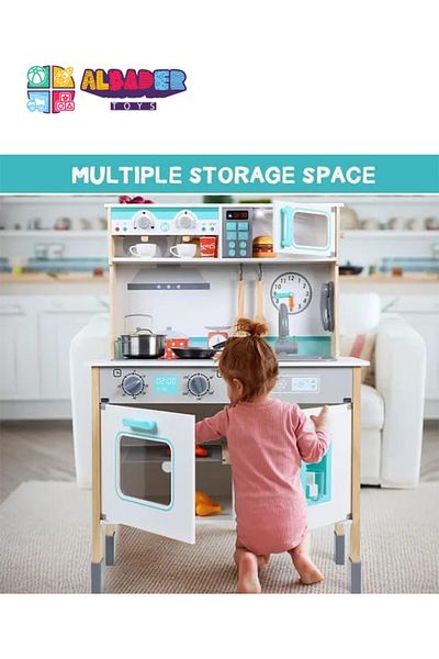 ALBADER Play Kitchen, Real Wooden Kitchen Set for Kids with Microwave, Wooden Play Kitchen