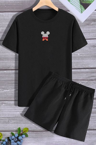 Mythologie Back Mickey T-Shirt Combed Cotton Shorts - Black Shorts T-Shirt Set Printed Oversize Crew Neck