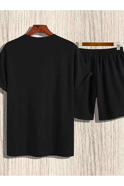 Mythologie Heart Logo T-Shirt Combed Cotton Shorts - Black Shorts T-Shirt Set Printed Oversize Crew Neck
