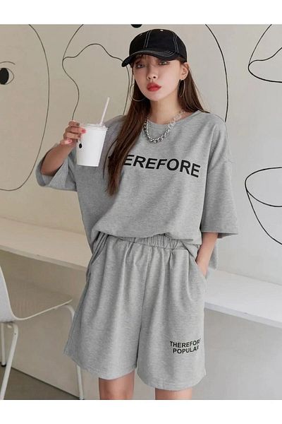 Mythologie Therefore T-shirt Combed Cotton Shorts - Gray Bottom Top Set Printed Oversize Crew Neck