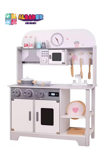 ALBADER Play Kitchen, Real Wooden Kitchen Set for Kids with Microwave, Wooden Play Kitchen
