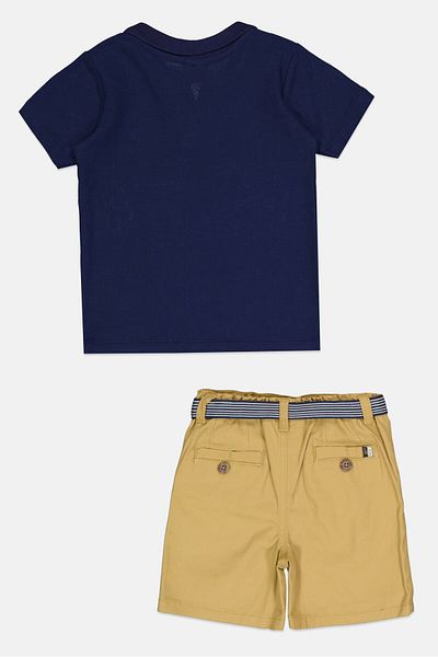 Little Gent Kids Boy 2pc Short Sleeve Textured Polo Shirt And Belted Short, Navy/Tan