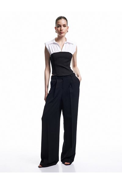 Koton New Season Cotton Color Contrast Shirt Collar Poplin Sleeveless Blouse