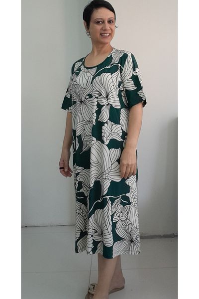 Mertcan Butik Χακί πράσινο εκρού στάμπα κοντομάνικο φόρεμα βισκόζης από χτενισμένο βαμβάκι