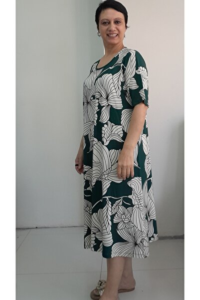 Mertcan Butik Χακί πράσινο εκρού στάμπα κοντομάνικο φόρεμα βισκόζης από χτενισμένο βαμβάκι