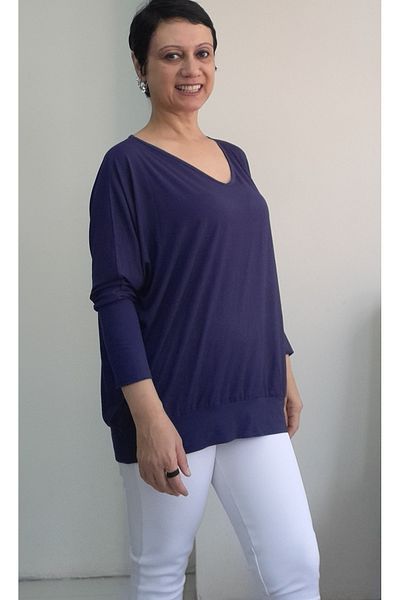 Mertcan Butik Navy Blue V-Neck Skirt Sleeve Cuff Long Sleeve Bat Sleeve Combed Viscose T-Shirt