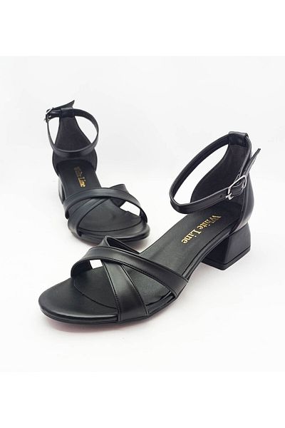 GDT Ayakkabı Black Color Double Cross Strap Thick Heeled Women's Heeled Sandals