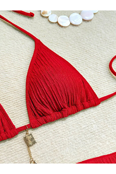 wishe Kırmızı Üçgen Dokulu Plaj Atma Kap 3 Parça Bikini Takım ve Pareo