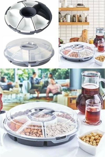Şener collection 7 Compartment Nut and Snack Presentation Plate with Rotating Lid – Organizer with Transparent Lid