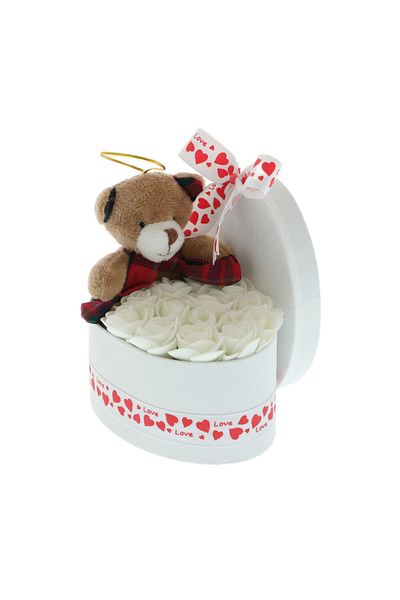 GiftExpress Arrangement with white roses and love teddy bear 15cm