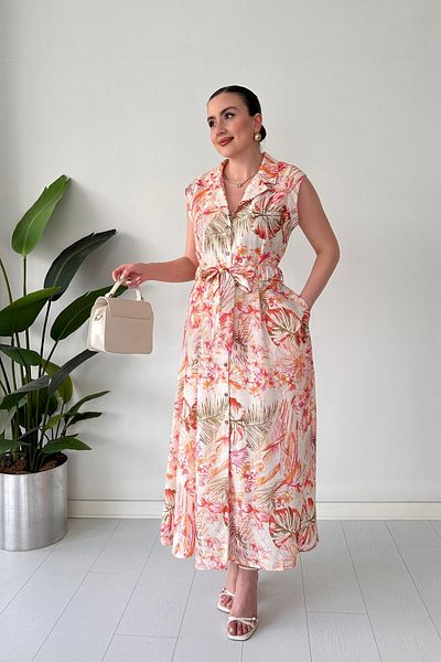 MaziButik Κρέμα φλοράλ λινό φόρεμα