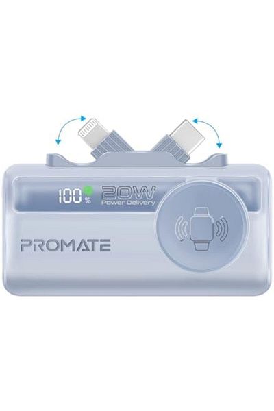 Promate 3 in 1 Mini Power Bank, 5000mAh with 20W USB-C™ In/Out Foldable Connector, 12W Lightning F