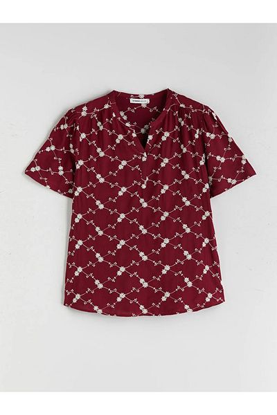 LC Waikiki Lcw Grace Burgundy Scoop Neckline Floral Embroidery Blouse
