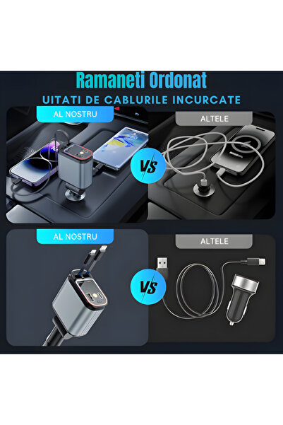 JUSTNET 4-in-1 Fast Car Charger 66W QC3.0 PD30W, USB-C USB-A, Retractable Cables, RGB Light, Compact 180°