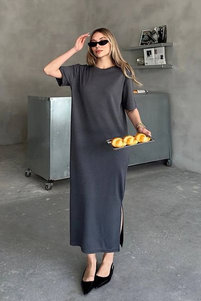 Mogi Butik Modal Fabric Half Sleeve Slit Long Women's Dress 3083