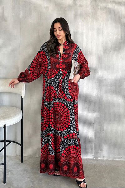 AYASOFYA OTANTIK Women's Red Button Detailed Patched Collar Ethnic Patterned Balloon Sleeve Loose Long Dress