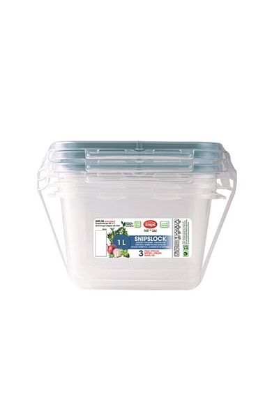 Snips 3-Piece Plastic Square Food Container Set Clear and Blue 1 Liter