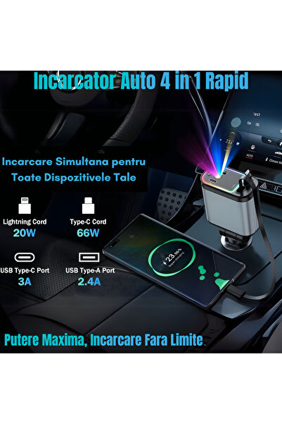 JUSTNET 4-in-1 Fast Car Charger 66W QC3.0 PD30W, USB-C USB-A, Retractable Cables, RGB Light, Compact 180°