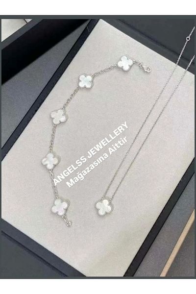 ANGELSS JEWELLERY Clover Model Silver White Necklace Bracelet Set Van Cleeff (Clover Brand Model Necklace Bracelet)
