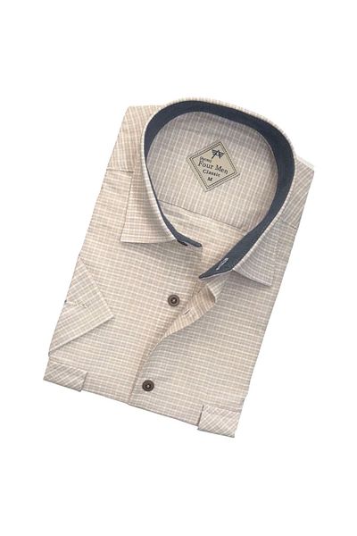 GÖMLEK GALERİSİ Men's Classic Loose Fit Double Pocket Small Plaid Short Sleeve Cotton Shirt