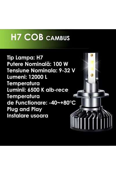 SONORH Set de 2 becuri LED H7, Canbus, 100W, 6500K, pentru faruri auto, 12-24 V, 12000 lumeni, Plug&Play
