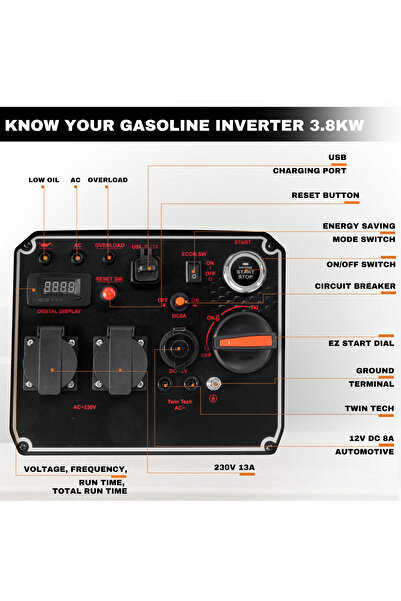 kseibi مولد عاكس يعمل بالبنزين، 3.8 كيلو وات، تشغيل كهربائي، منخفض الضوضاء وموفر للوقود.