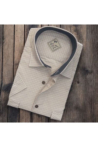GÖMLEK GALERİSİ Men's Classic Loose Fit Double Pocket Small Plaid Short Sleeve Cotton Shirt