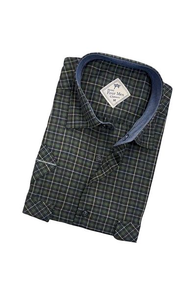 GÖMLEK GALERİSİ Men's Classic Loose Fit Double Pocket Plaid Short Sleeve Cotton Shirt
