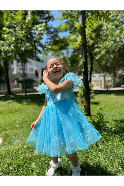 Minizade Girls' Baby Zero Sleeve Snowy Elsa Tulle Birthday Wedding Party Special Day Holiday Dress