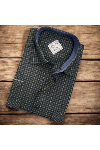 GÖMLEK GALERİSİ Men's Classic Loose Fit Double Pocket Plaid Short Sleeve Cotton Shirt