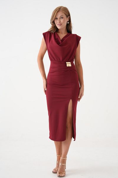 barış sülün lovebox Women's Degaje Collar Slit and Accessory Detailed Draped Design Burgundy Midi Evening Dress 77130