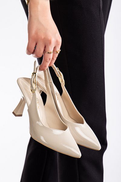 Savves Beige Patent Leather Gold Buckle Women's Pointed Heeled Shoes