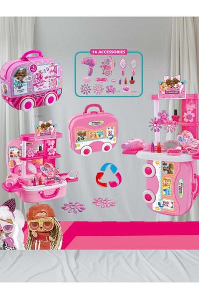 OEM Beauty set, 14 accessories, dressing table, suitcase on wheels with stickers, Pink, 3+
