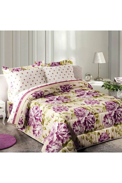 Pierre Cardin Loira Luxury Beige Duvet Set with Purple and Light Green Flowers, Single, 6 Piece Set