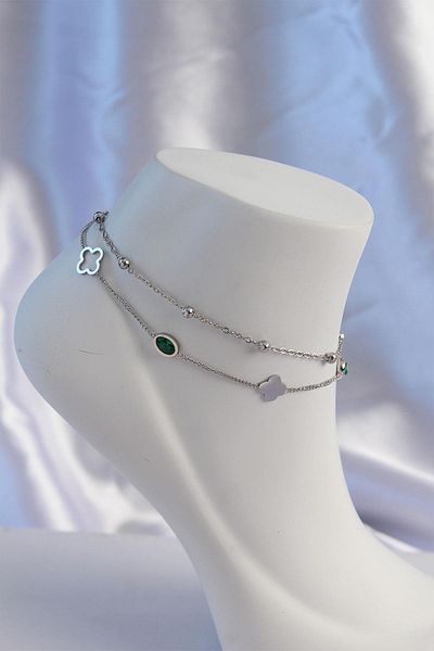 Celira Steel silver color emerald green stone detailed 2-piece clover model anklet