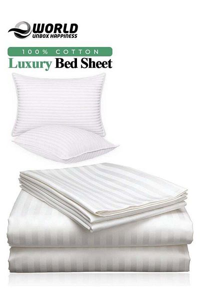 Eworld 3 Piece Luxury White Striped Bed Sheet Set with 1 Flat Sheet and 2 Pillowcases for Hotel and