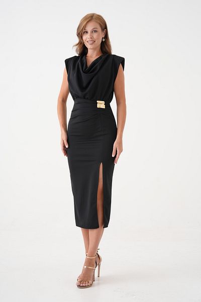 barış sülün lovebox Women's Degaje Collar Slit and Accessory Detailed Draped Design Black Midi Evening Dress 77130