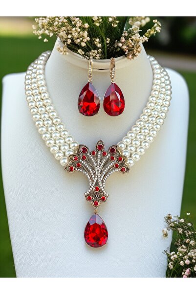 FAYRA ACCESSORIES Yakut Kırmızı Hayat Ağacı Figür İnci Kolye ve Küpe Seti