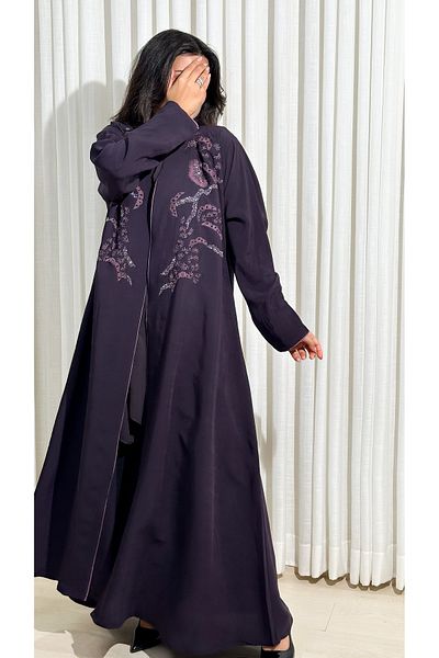 Elegant عباية كريب مغسول لون موف على كامل الصدر شك