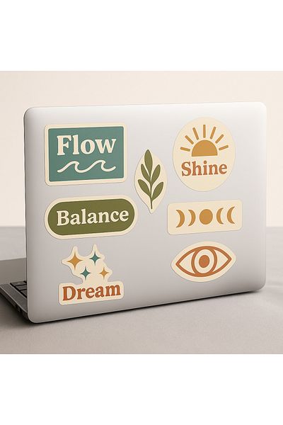arduçlazer Retro Aesthetic Minimal Sticker Set of 6 – Flow, Shine, Dream, Balance, Eye & Moon Pattern