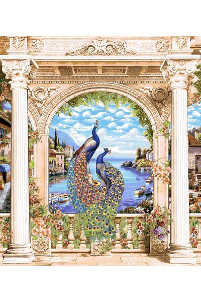 Niva Animal Series-15 Woven Tapestry Fabric - Columns and Peacocks-1