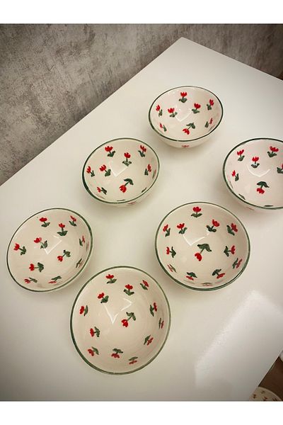 arı çini seramik 6 Pieces Special Handmade Flower Patterned Ceramic Snack Bowl Sauce Bowl Jam Bowl Breakfast Bowl Presentation Bowl
