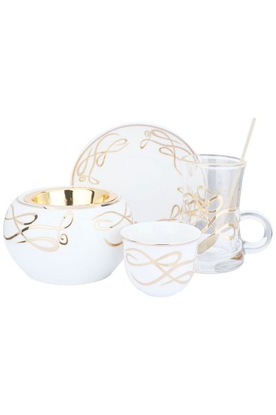 Alsaif Gallery Glass Cup Set and Porcelain Mugs with Saucers Alsaif Gallery, 25 Pieces with Incense Holder - White